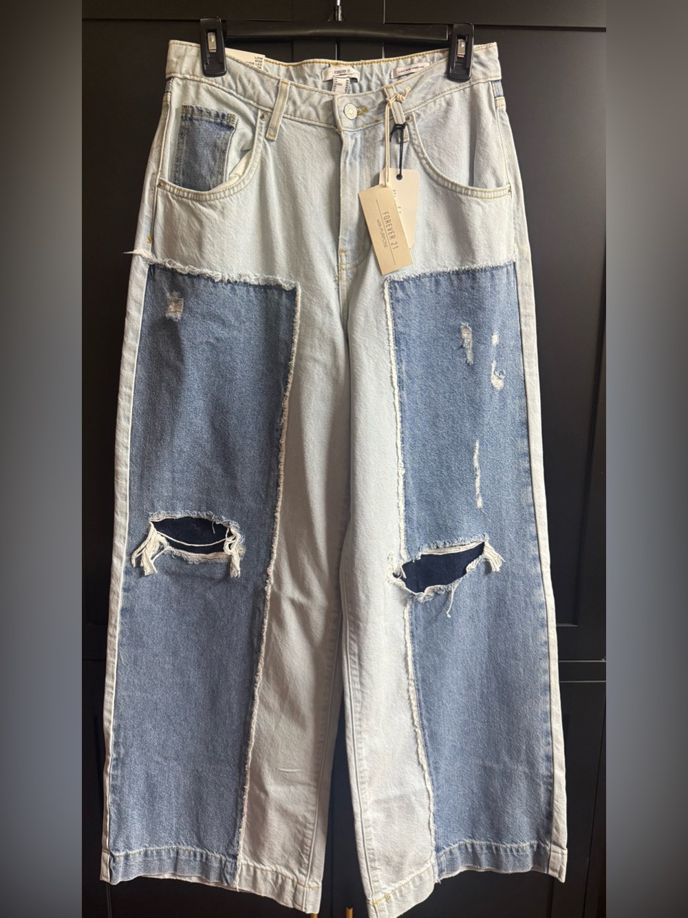 Forever 21 Light & Medium Blue Patchwork Low-Rise Wide Leg Jeans